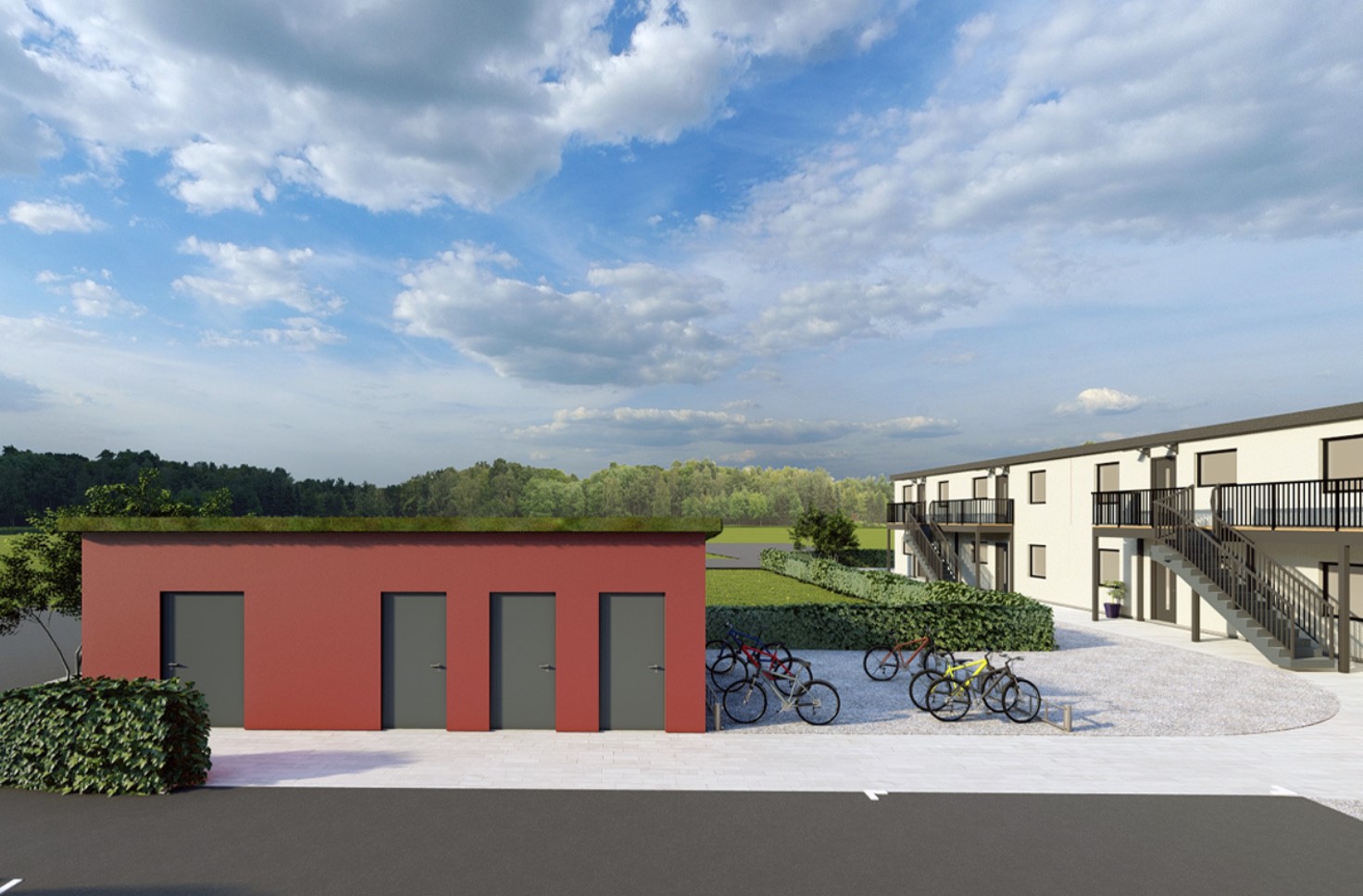 Miljöhus och loftgångar på nybygge i Löderup