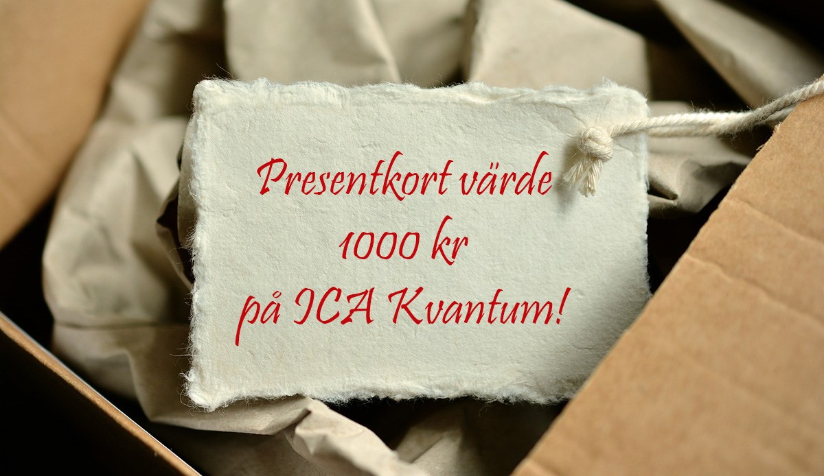 Text på ett kort: prsentkort värde 1000 kr på ICA Kvantum