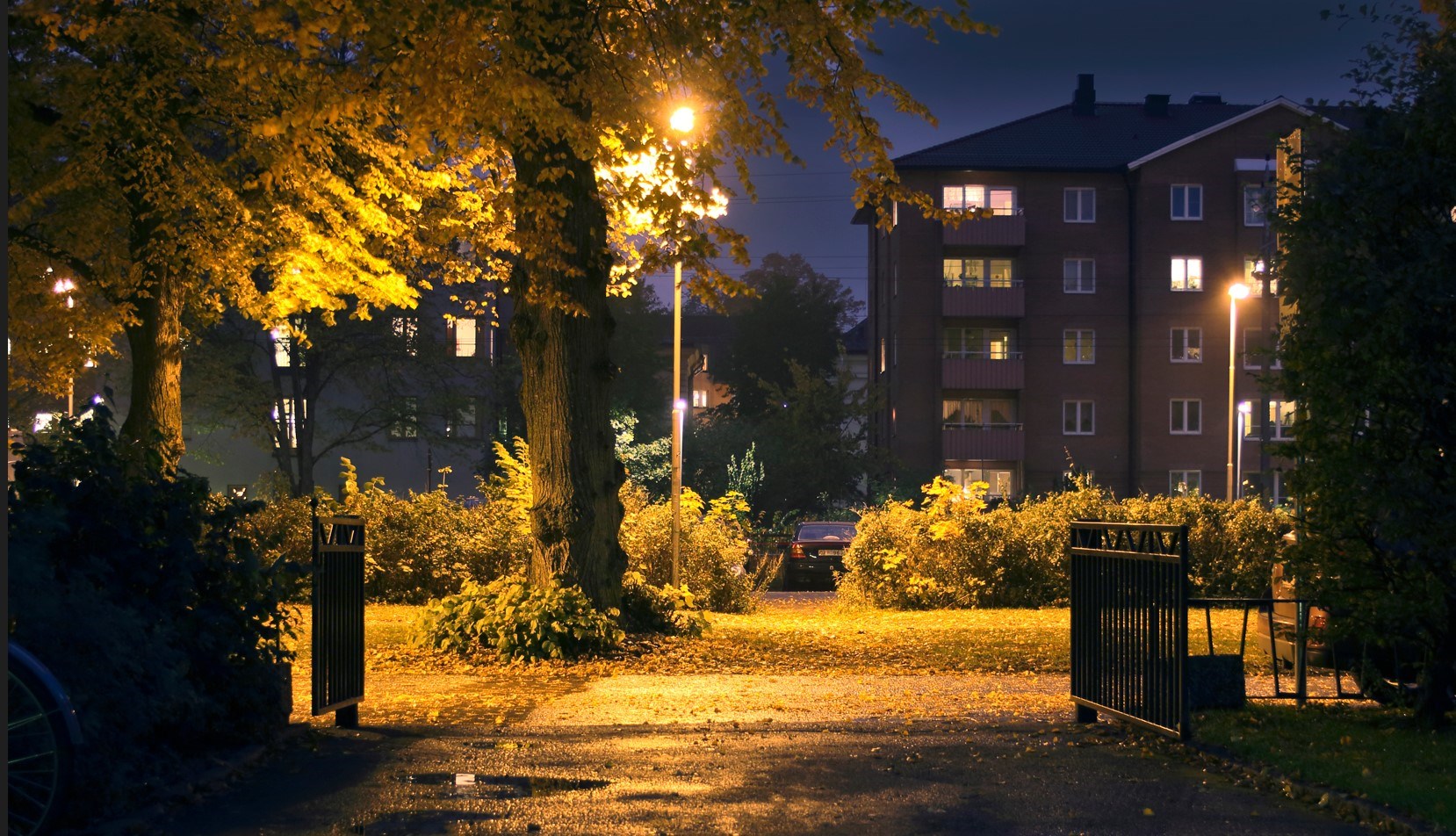 Kväll i ett bostadsområde med tända gatlyktor.