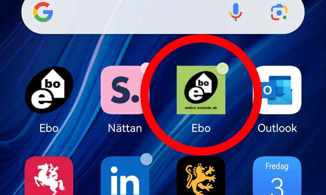 Skärmbild med Ebos tidigare app iringad i röd cirkel