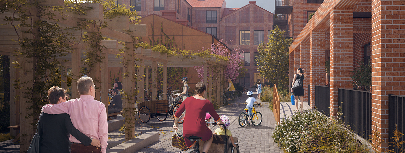 Arkitektbild över gården på Spritfabriken, det är sommar och vuxna och barn är ute på gården. 