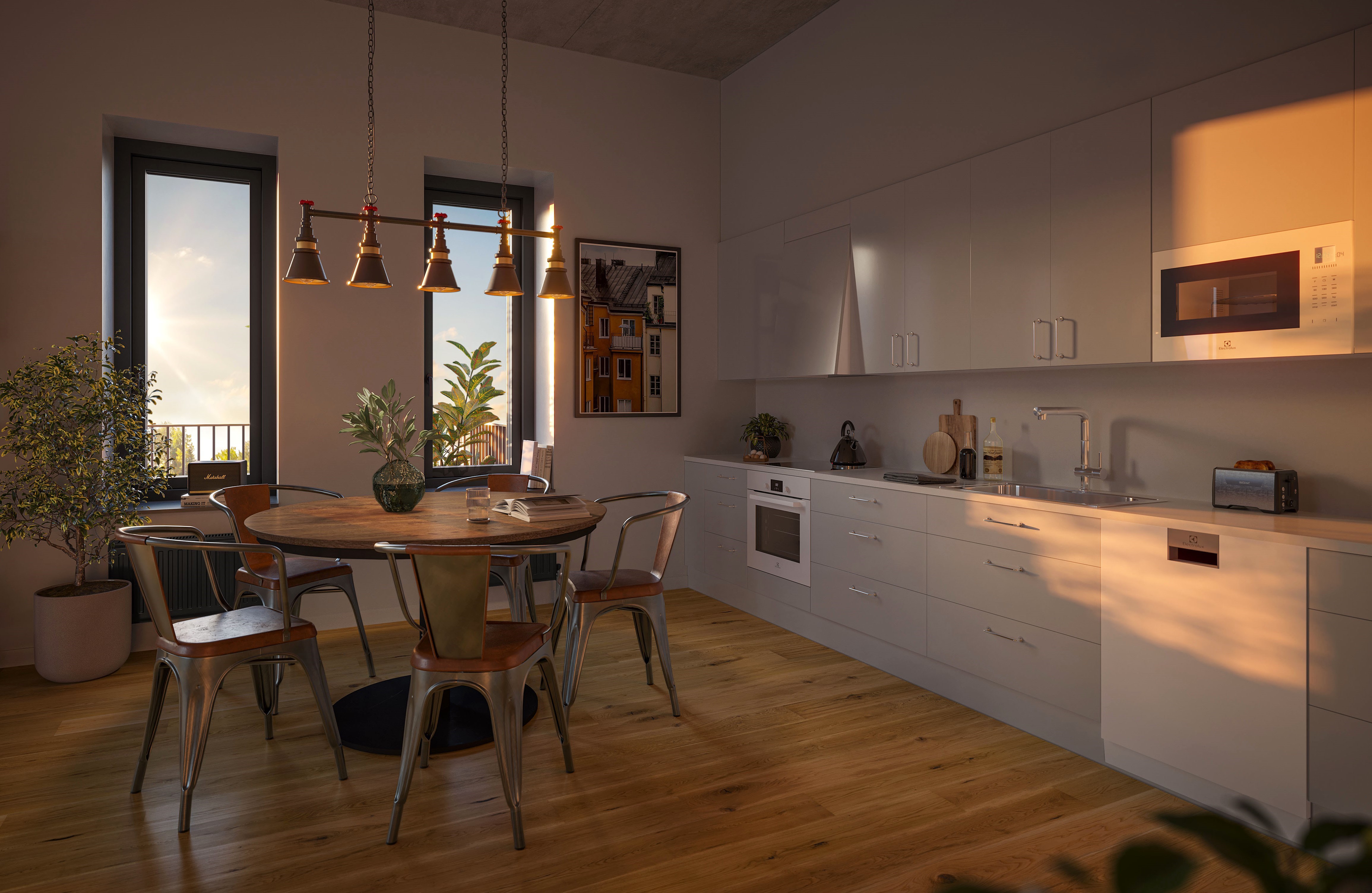 Visionsbild på kök i lägenhet i Spritfabriken. Industriell stil. 