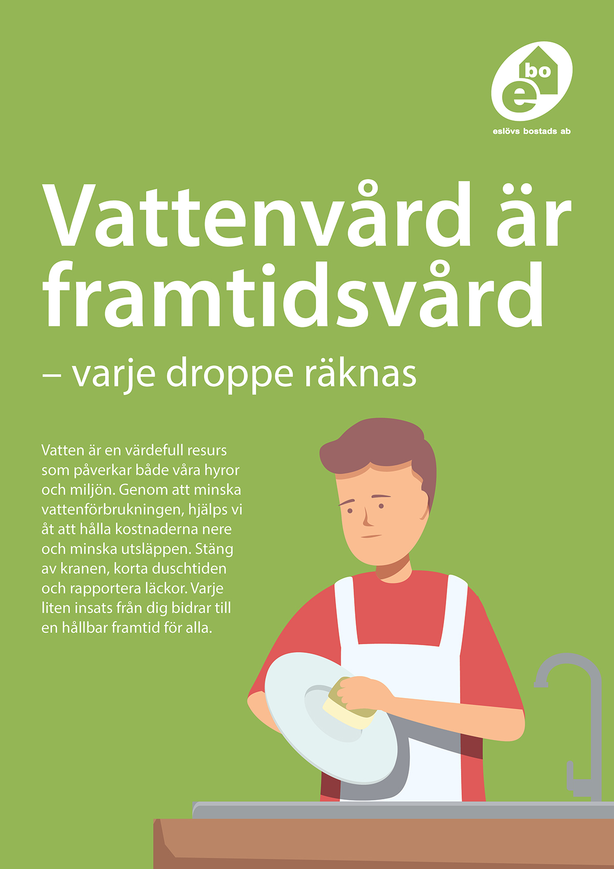 Grafisk bild med man som diskar för hand och texten "Vattenvård är framtidsvård - varje droppe räknas".